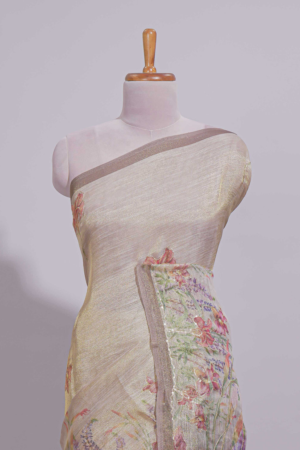 Soft olive green Floral printed linen cotton saree with contrast zari  border and self pallu along with matching blouse