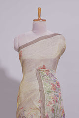 Soft olive green Floral printed linen cotton saree with contrast zariborder and self pallu along with matching blouse