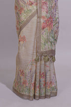 Soft olive green Floral printed linen cotton saree with contrast zari  border and self pallu along with matching blouse