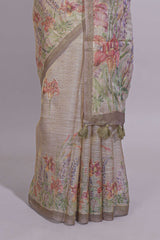 Soft olive green Floral printed linen cotton saree with contrast zariborder and self pallu along with matching blouse