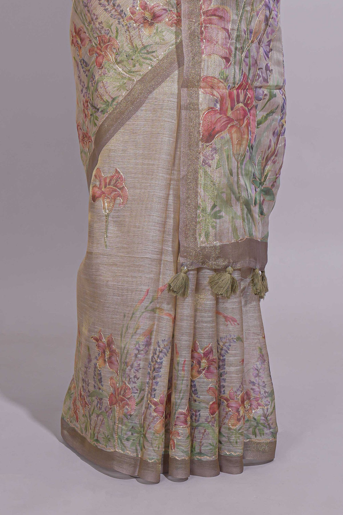 Soft olive green Floral printed linen cotton saree with contrast zari  border and self pallu along with matching blouse