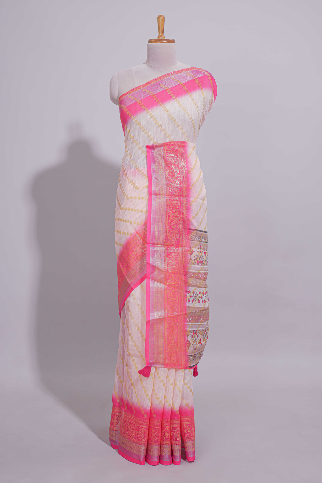 Ivory linen cotton saree with zari striped body and contrast border with geometric pallu along with contrast blouse