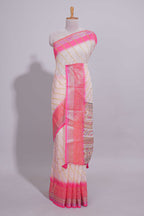 Ivory linen cotton saree with zari striped body and contrast border with geometric pallu along with contrast blouse