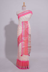Ivory linen cotton saree with zari striped body and contrast border with geometric pallu along with contrast blouse