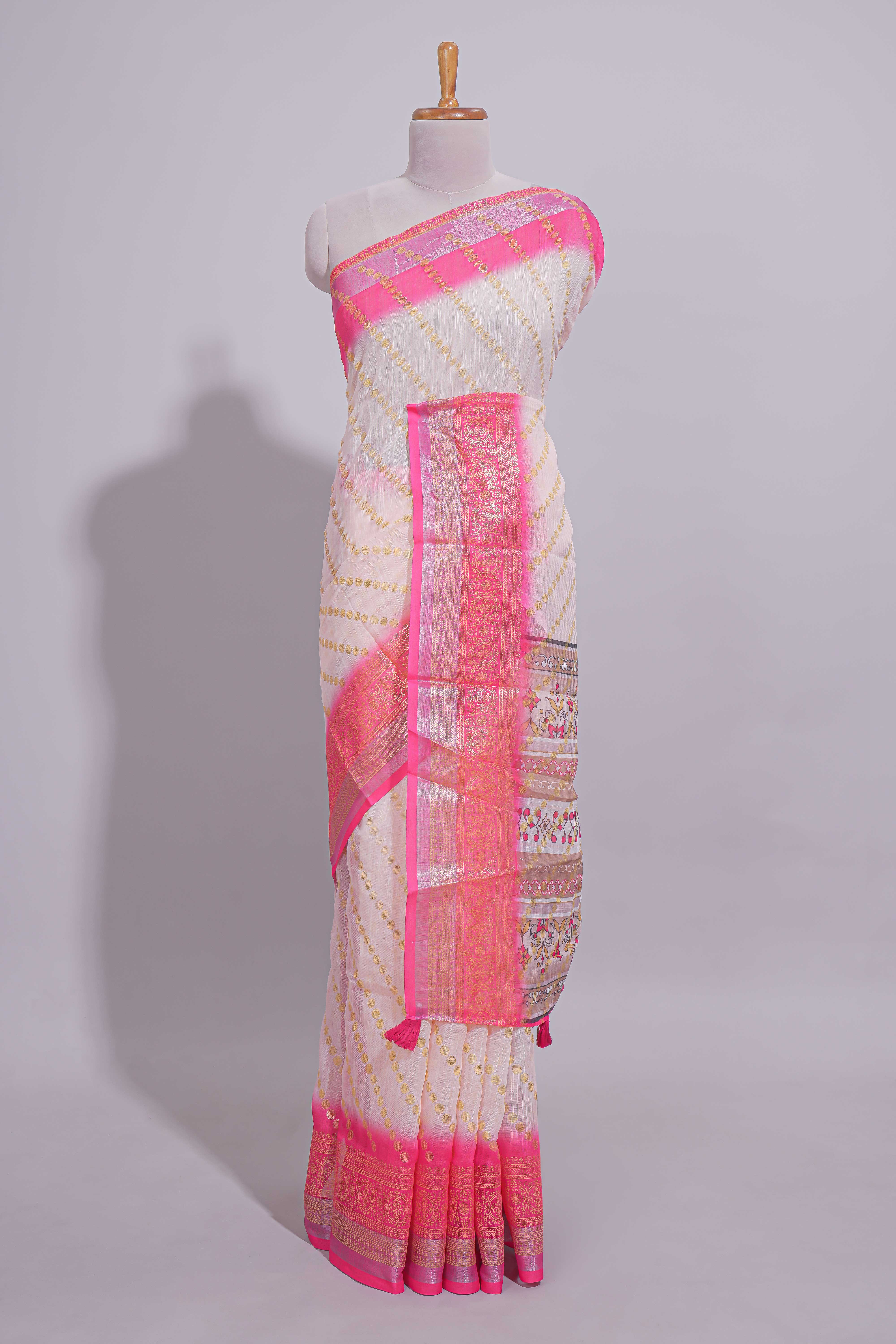 Ivory linen cotton saree with zari striped body and contrast border with geometric pallu along with contrast blouse