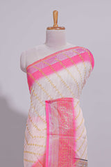 Ivory linen cotton saree with zari striped body and contrast border with geometric pallu along with contrast blouse