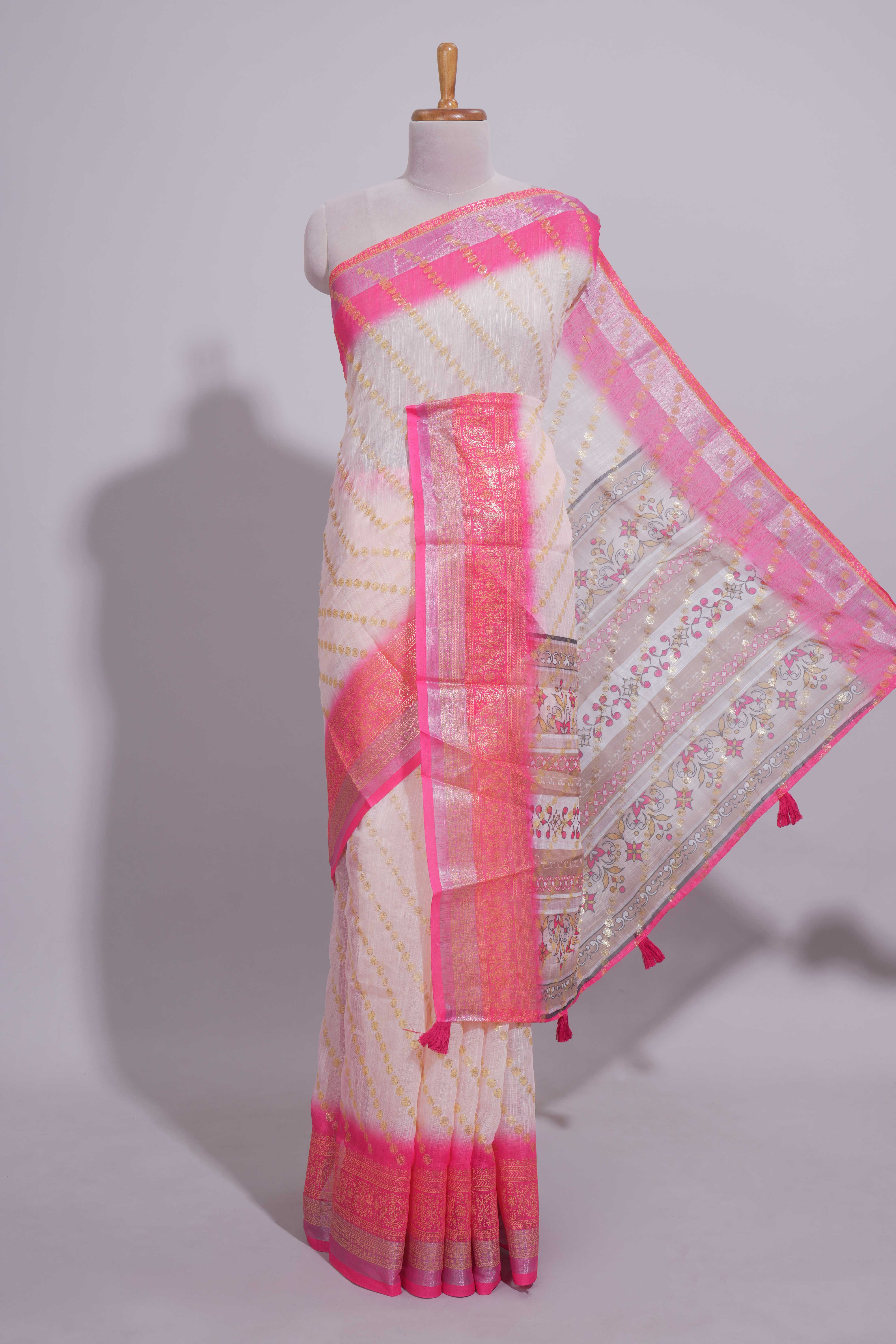 Ivory linen cotton saree with zari striped body and contrast border with geometric pallu along with contrast blouse
