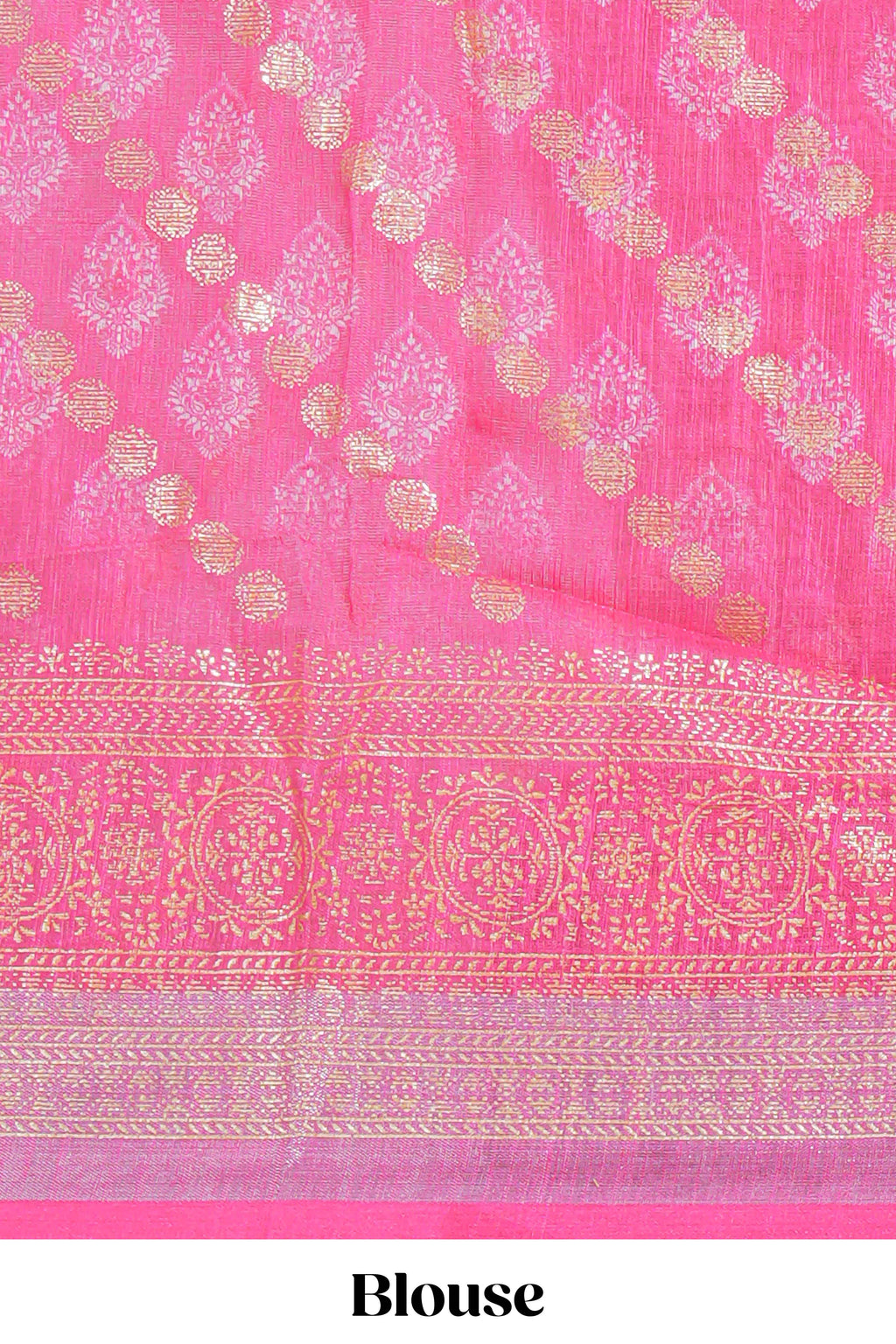 Ivory linen cotton saree with zari striped body and contrast border with geometric pallu along with contrast blouse