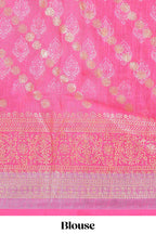 Ivory linen cotton saree with zari striped body and contrast border with geometric pallu along with contrast blouse