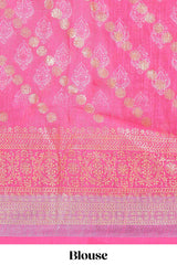 Ivory linen cotton saree with zari striped body and contrast border with geometric pallu along with contrast blouse