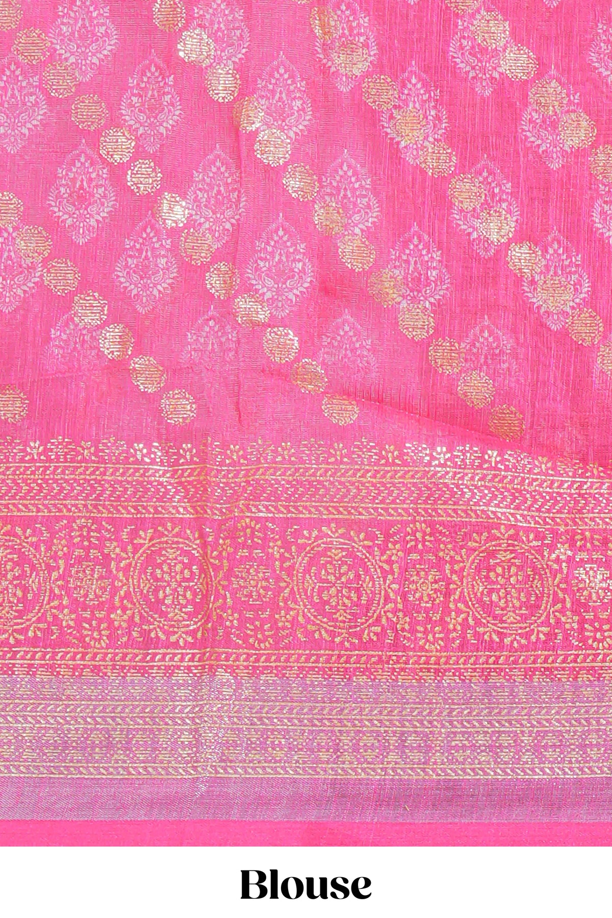 Ivory linen cotton saree with zari striped body and contrast border with geometric pallu along with contrast blouse