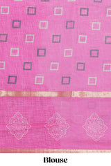 Checked linen saree with contrast border and pallu along with contrast printed blouse