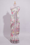 White Florallinen cotton saree with contrast zariborder and geometric pallu along with matching blouse