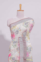 White Florallinen cotton saree with contrast zariborder and geometric pallu along with matching blouse