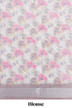 White Floral  linen cotton saree with contrast zari  border and geometric pallu along with matching blouse