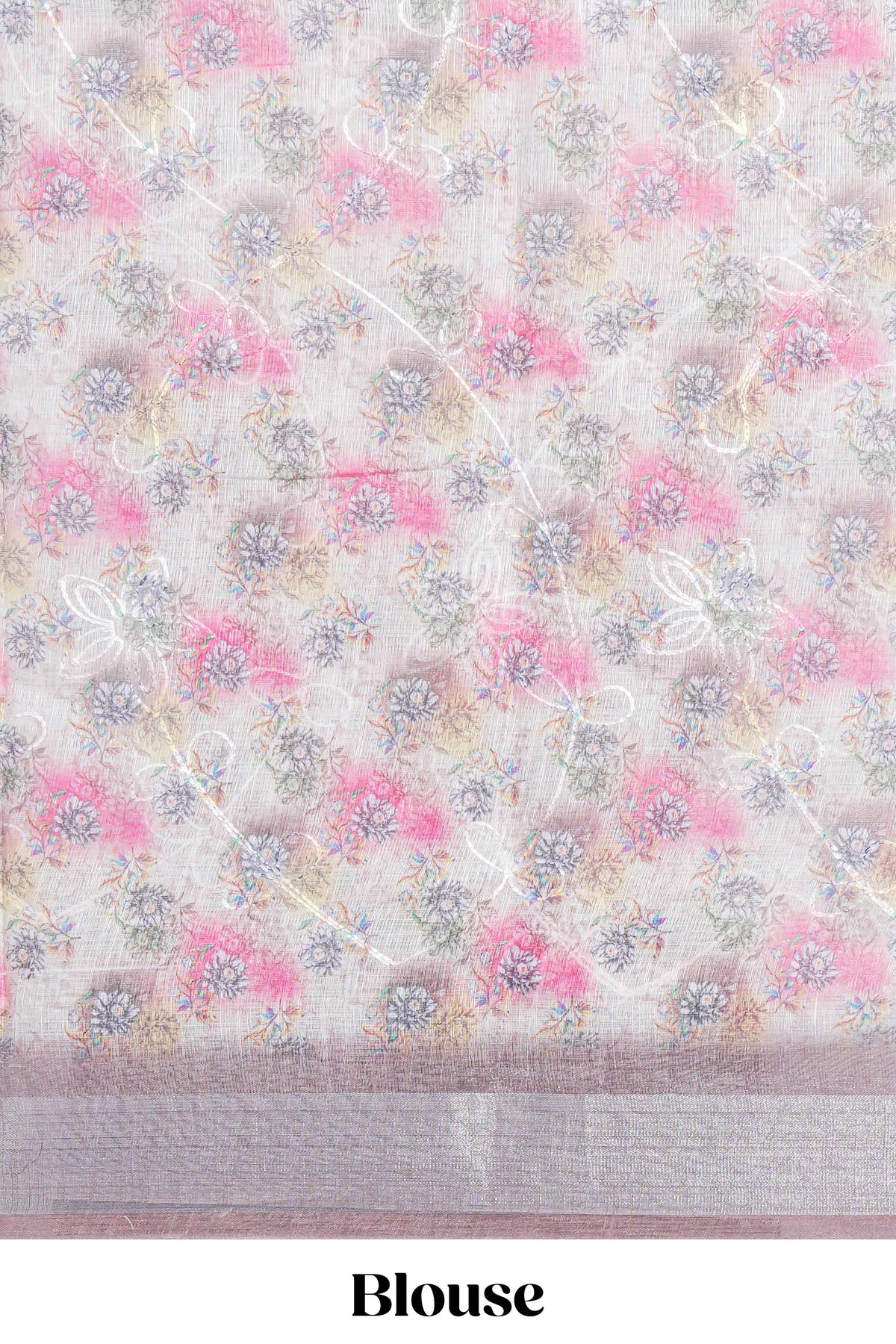 White Floral  linen cotton saree with contrast zari  border and geometric pallu along with matching blouse