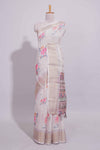 Ivory colour Floral printed linen cotton saree with contrast zariborder and geometric pallu along with matching blouse