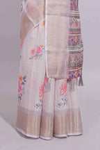 Ivory colour Floral printed linen cotton saree with contrast zari  border and geometric pallu along with matching blouse