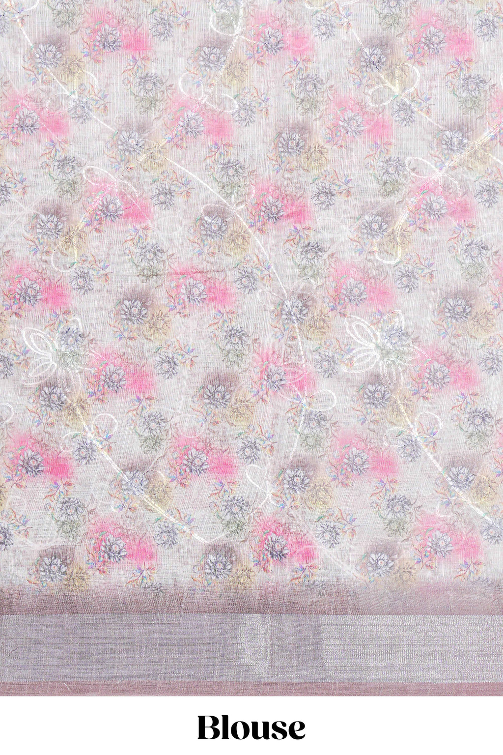 Ivory colour Floral printed linen cotton saree with contrast zari  border and geometric pallu along with matching blouse