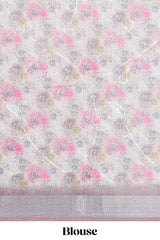 Ivory colour Floral printed linen cotton saree with contrast zariborder and geometric pallu along with matching blouse