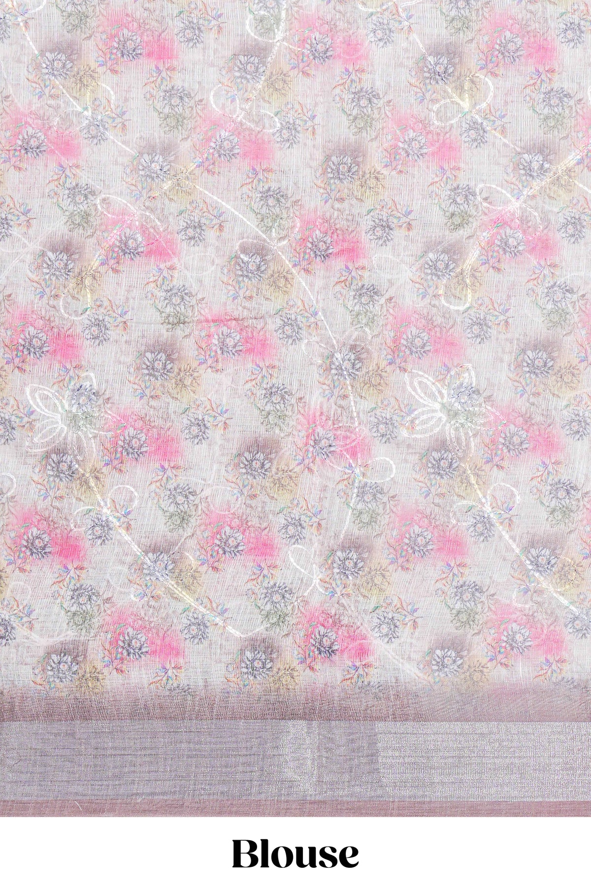Ivory colour Floral printed linen cotton saree with contrast zari  border and geometric pallu along with matching blouse