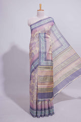 Beige colour linen cotton saree with geometric design body and contrast border with geometric pallu along with matching blouse