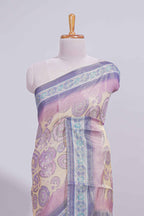 Beige colour linen cotton saree with geometric design body and contrast border with geometric pallu along with matching blouse