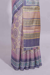 Beige colour linen cotton saree with geometric design body and contrast border with geometric pallu along with matching blouse
