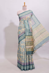 Beige colour linen cotton saree with geometric design body and contrast sea green border with geometric pallu along with matching blouse