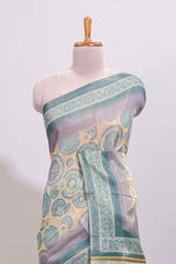 Beige colour linen cotton saree with geometric design body and contrast sea green border with geometric pallu along with matching blouse