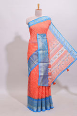 Orange color circle motifs linen cotton saree with contrast border and matching blouse