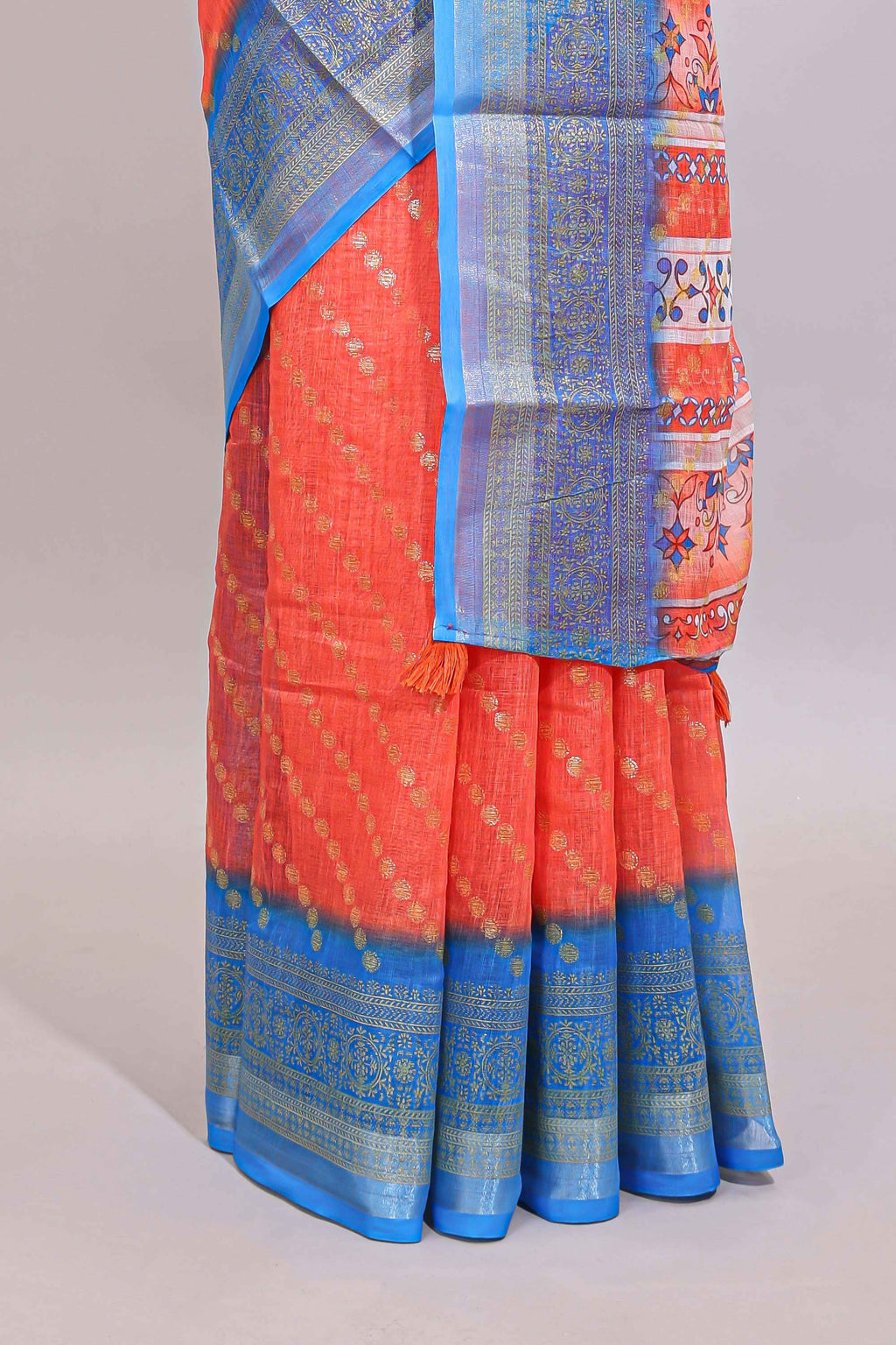 Orange color circle motifs linen cotton saree with contrast border and matching blouse