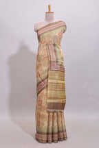 Beige geometric motifs design linen cotton saree with contrast border and matching blouse