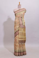 Beige geometric motifs design linen cotton saree with contrast border and matching blouse