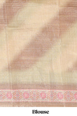 Beige geometric motifs design linen cotton saree with contrast border and matching blouse