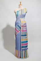 Blue zari checked design linen cotton saree with contrast multi color border and blouse