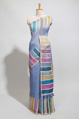 Blue zari checked design linen cotton saree with contrast multi color border and blouse
