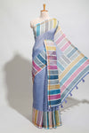 Blue zari checked design linen cotton saree with contrast multi color border and blouse