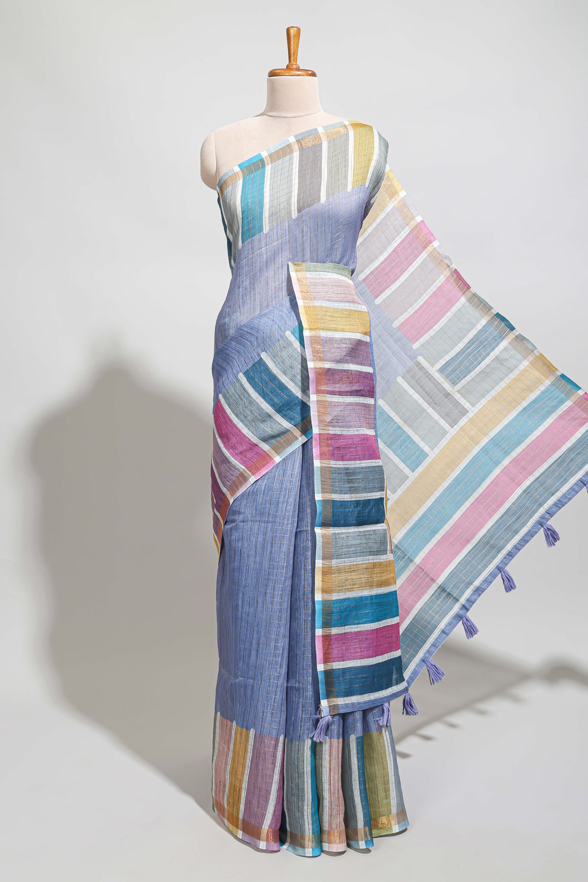 Blue zari checked design linen cotton saree with contrast multi color border and blouse
