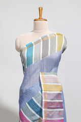 Blue zari checked design linen cotton saree with contrast multi color border and blouse
