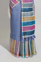 Blue zari checked design linen cotton saree with contrast multi color border and blouse