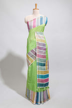 Green zari checked design linen cotton saree with contrast multi color border and blouse