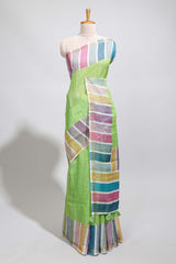 Green zari checked design linen cotton saree with contrast multi color border and blouse