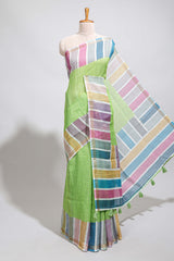 Green zari checked design linen cotton saree with contrast multi color border and blouse