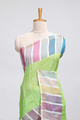 Green zari checked design linen cotton saree with contrast multi color border and blouse