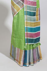 Green zari checked design linen cotton saree with contrast multi color border and blouse