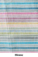 Green zari checked design linen cotton saree with contrast multi color border and blouse