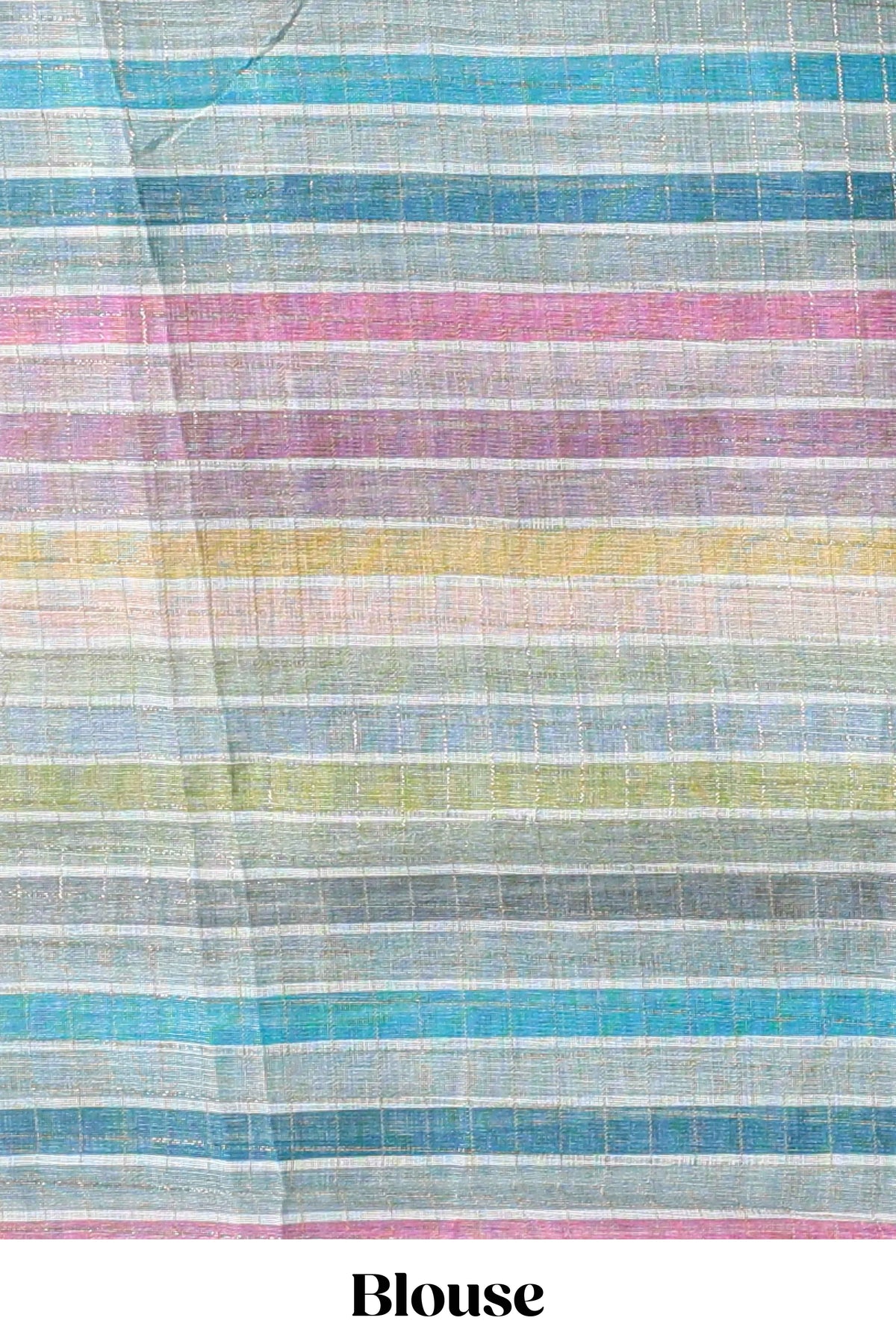 Green zari checked design linen cotton saree with contrast multi color border and blouse