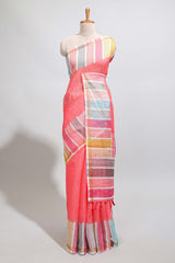 Pink zari checked design linen cotton saree with contrast multi color border and blouse