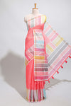 Pink zari checked design linen cotton saree with contrast multi color border and blouse